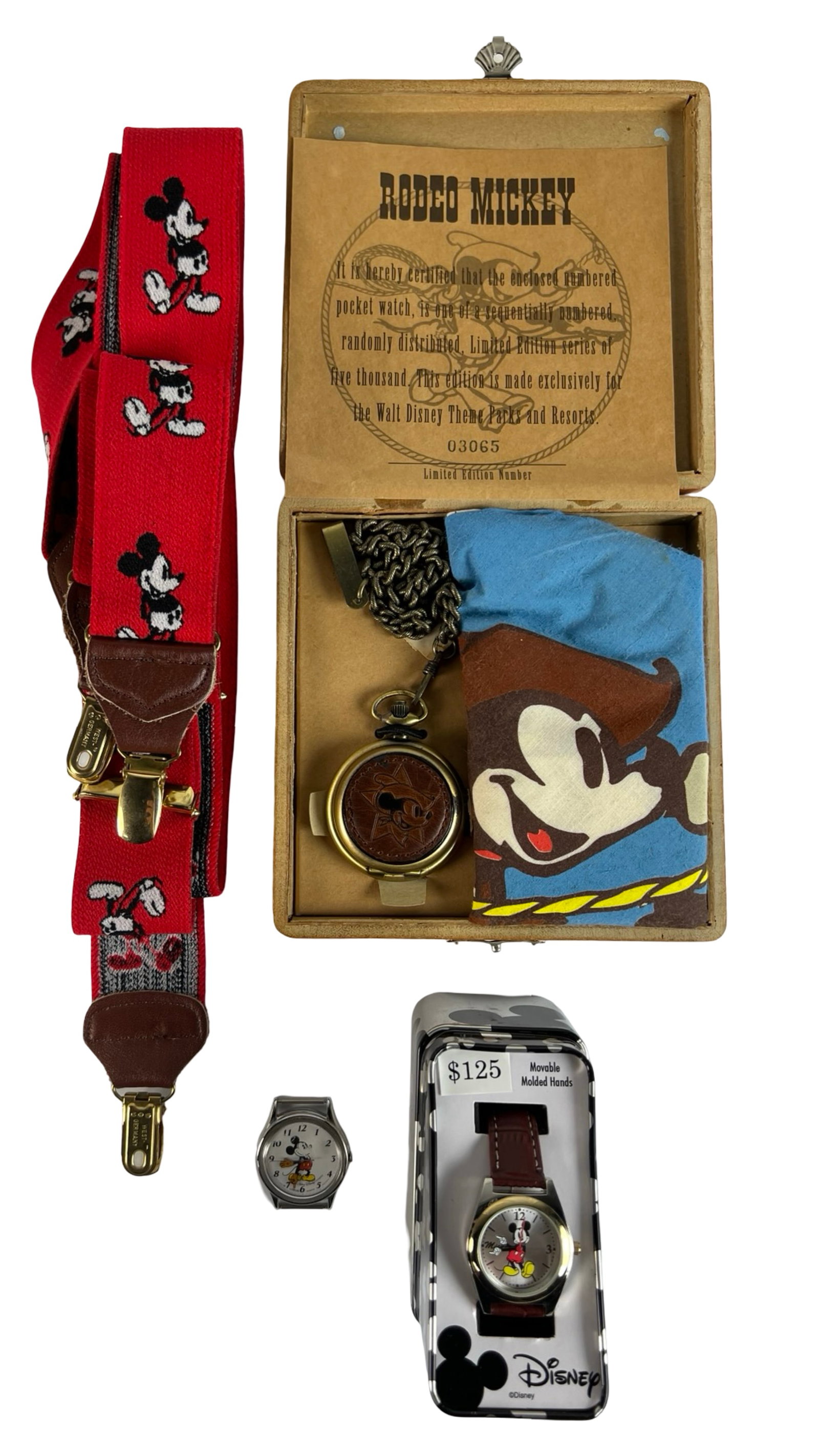 Disney's Mickey Mouse Wrist & Pocket Watches: Disney's Mickey Mouse Character Wrist Watches including Rodeo Mickey Limited Edition Pocket Watch in Original Box. Lot comes with Mickey Suspenders.