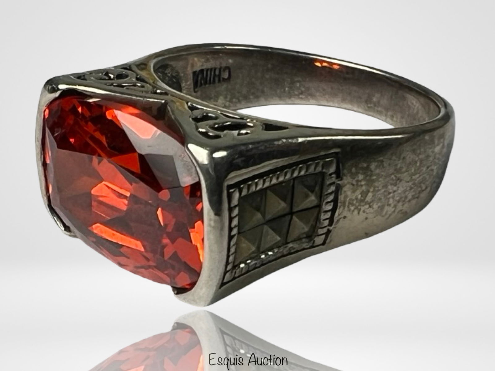Sterling Silver Ring with Large Red Faceted Stone (1 of 4)