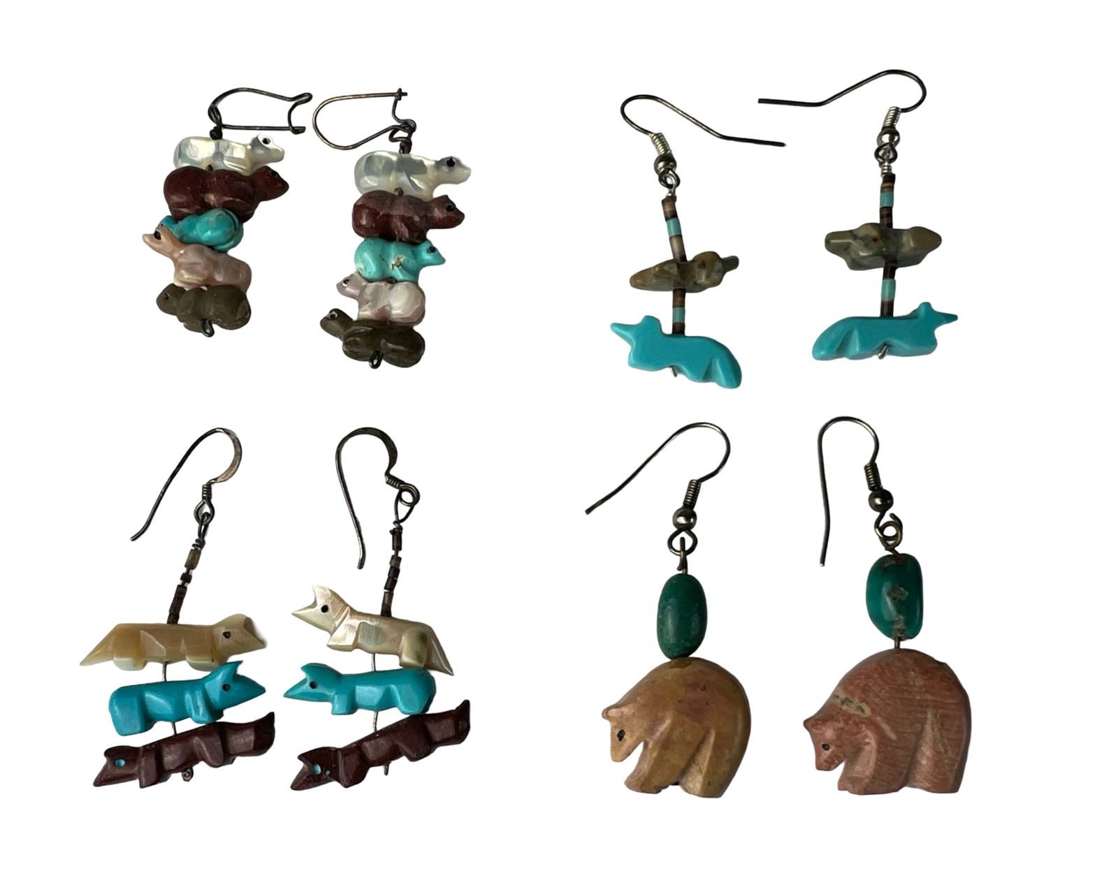 Zuni Sterling Silver & Carved Animal Earrings: Collection of four pairs of handcrafted Native American Zuni earrings, each featuring carved animal fetishes in turquoise, mother of pearl, shell, and stone. Designs include bears, foxes, and other sy
