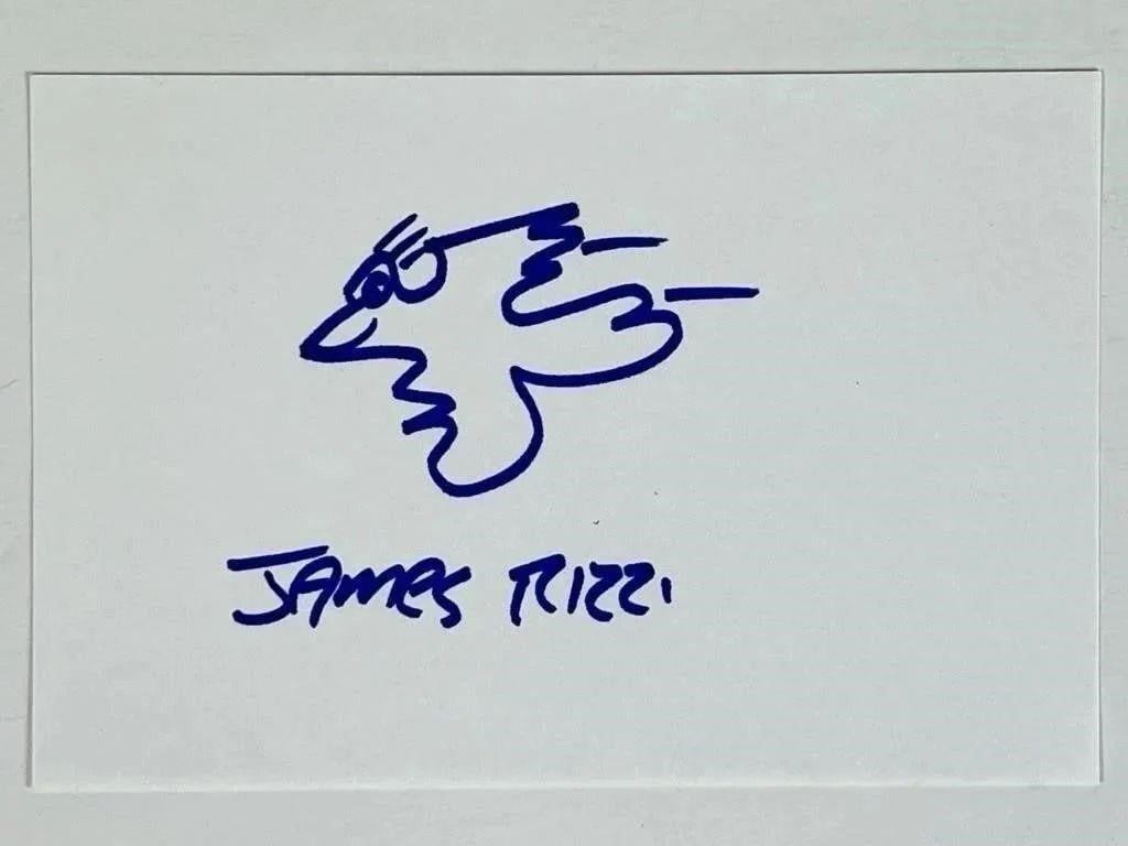 James Rizzi Signed Iconic Bird Sketch: This is a signed 4" x 6" sketch card featuring the iconic bird doodle by James Rizzi, a celebrated American pop artist known for his vibrant and whimsical art style. The sketch is a classic example of