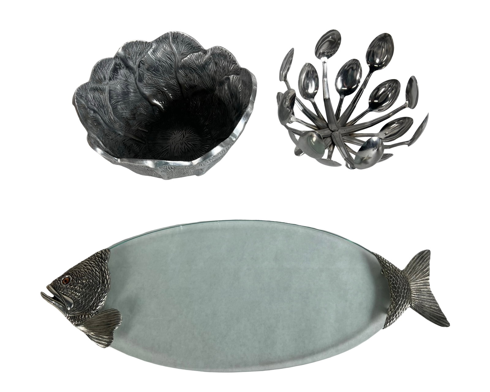Vagabond House Fish Tray, Beatriz Ball Cabbage Bow: Striking group of three designer serveware pieces including a 24" x 9 1/2" glass fish tray by Vagabond House with sculpted pewter head and tail, a 12" diameter Beatriz Ball Garden cabbage-style alumin