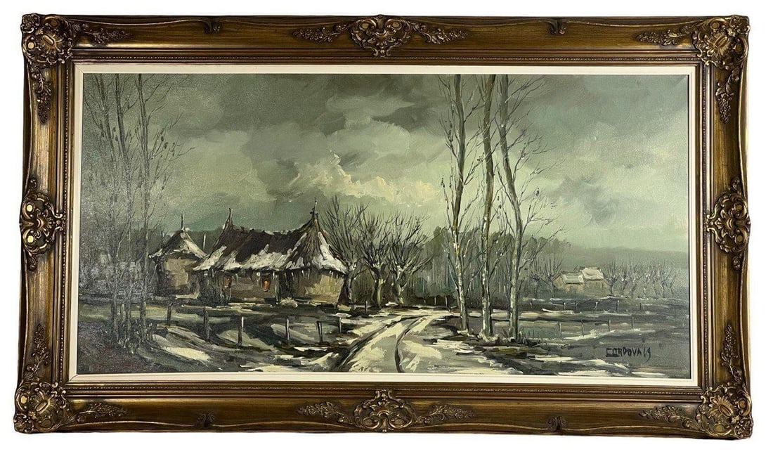 Winter Countryside Landscape Oil Painting: A serene winter countryside landscape oil painting on canvas by Cordova, signed and dated '69 in the lower right corner. The composition captures a rustic village blanketed in snow, with thatched-roof