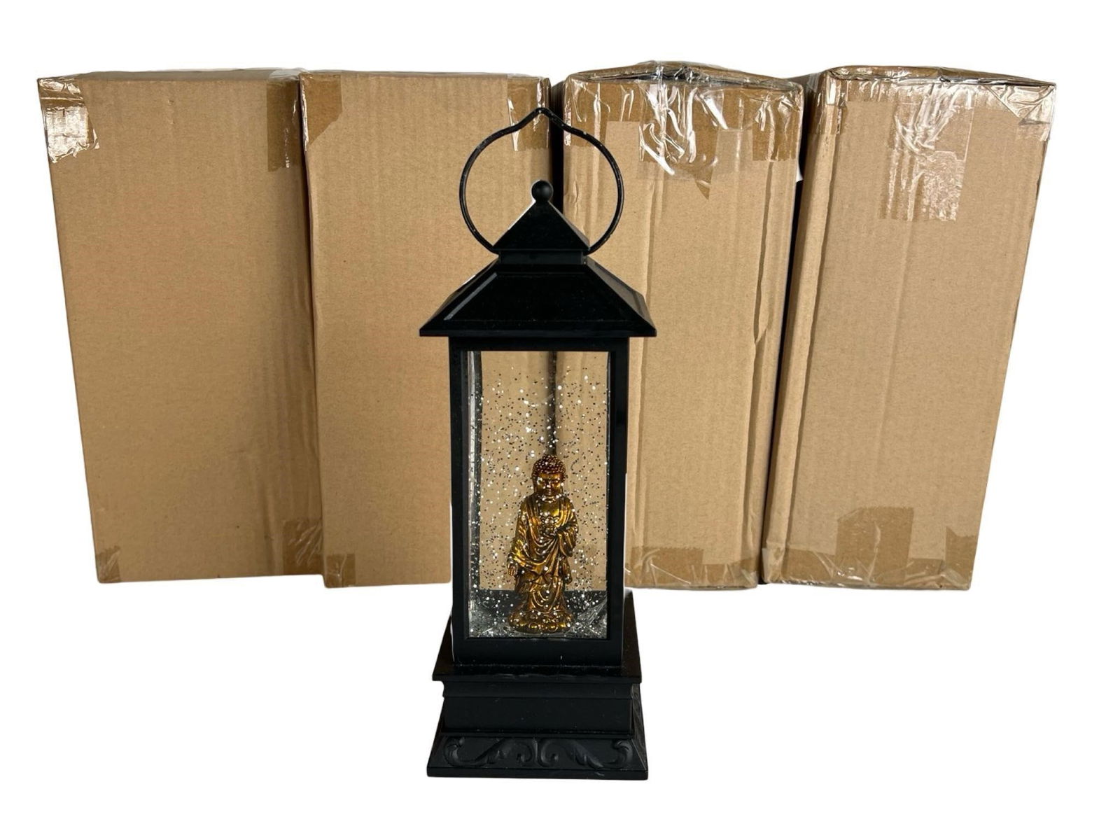 Lot of 5 - Zen Buddha Snow Globe Lanterns: Set of five illuminated snow globe lanterns, each featuring a serene golden Buddha figure encased in a clear water-filled housing with swirling glitter. Housed in matte black lantern-style casings wit