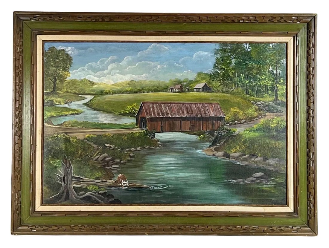 Countryside View with Covered Bridge Oil Painting (1 of 2)