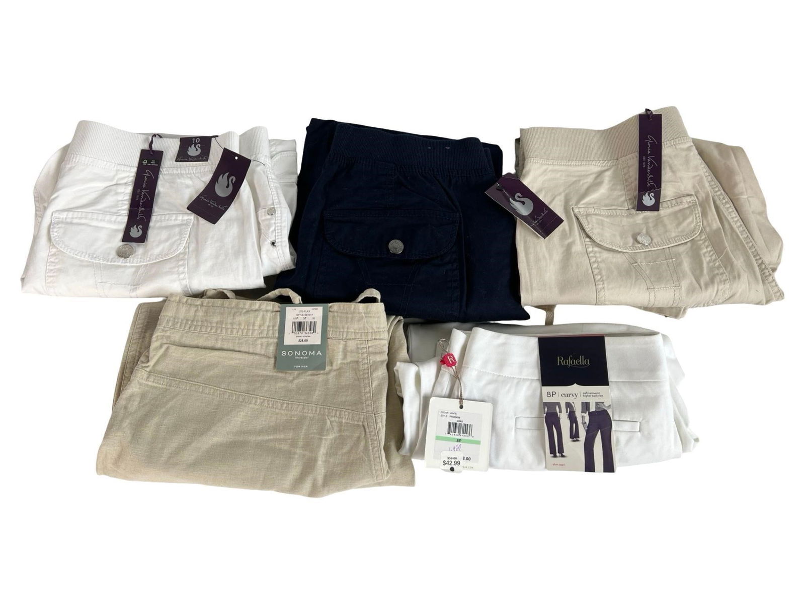 Lot of New Women's Pants - Sizes 8-12: Collection of six brand new women's pants including styles from Gloria Vanderbilt, Rafaella, and Sonoma. Sizes include 8, 10, and 12 with a mix of casual and dressy fits. All garments are unworn, stil