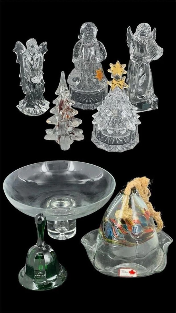 Crystal & Art Glass Group- Waterford, Mikasa: A refined selection of crystal and art glass, including pieces from renowned brands such as Waterford and Mikasa. This collection features beautifully crafted figurines, decorative bowls, bells, and s