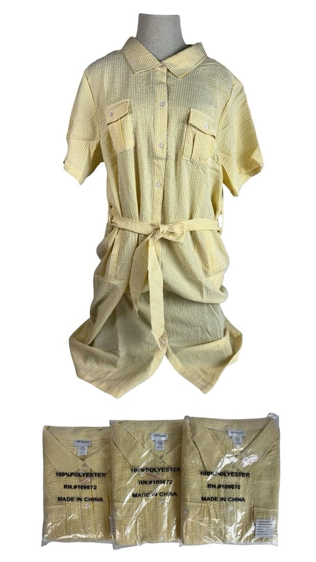 Lot of 3 CW Classics Yellow Button-Front Tops XL: Set of three CW Classics women's short-sleeve tunic tops, all in size XL. Each features a button-front design with collared neckline, two chest pockets, and a matching fabric belt for adjustable fit.