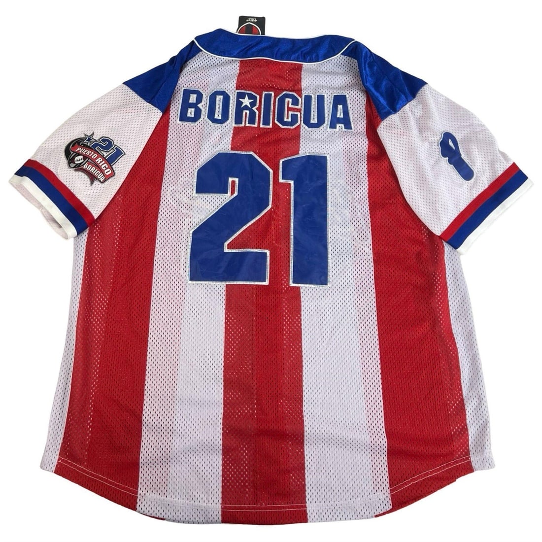 Puerto Rico #21 Baseball Jersey by Mega USA: Vibrant Puerto Rico baseball jersey by Mega USA, featuring red, white, and blue vertical stripes. The front showcases "Puerto Rico" lettering with the number 21, while the back displays "Boricua" and 