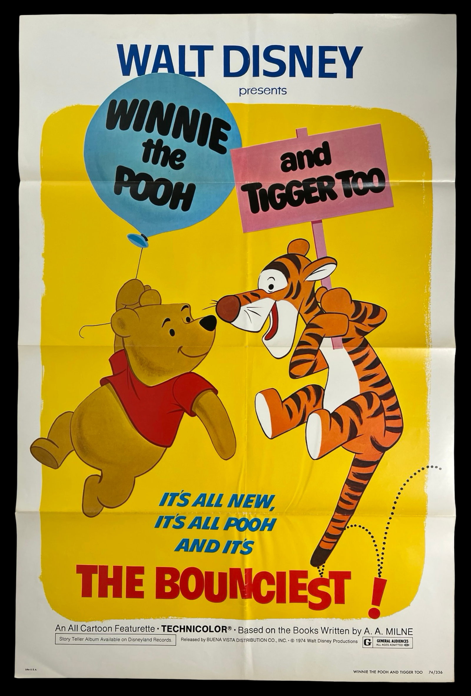 Disney Winnie the Pooh and Tigger Too Movie Poster: Original 1974 one-sheet movie poster for Walt Disney's Winnie the Pooh and Tigger Too, a Technicolor featurette based on the beloved stories by A. A. Milne. The cheerful design features Pooh floating 