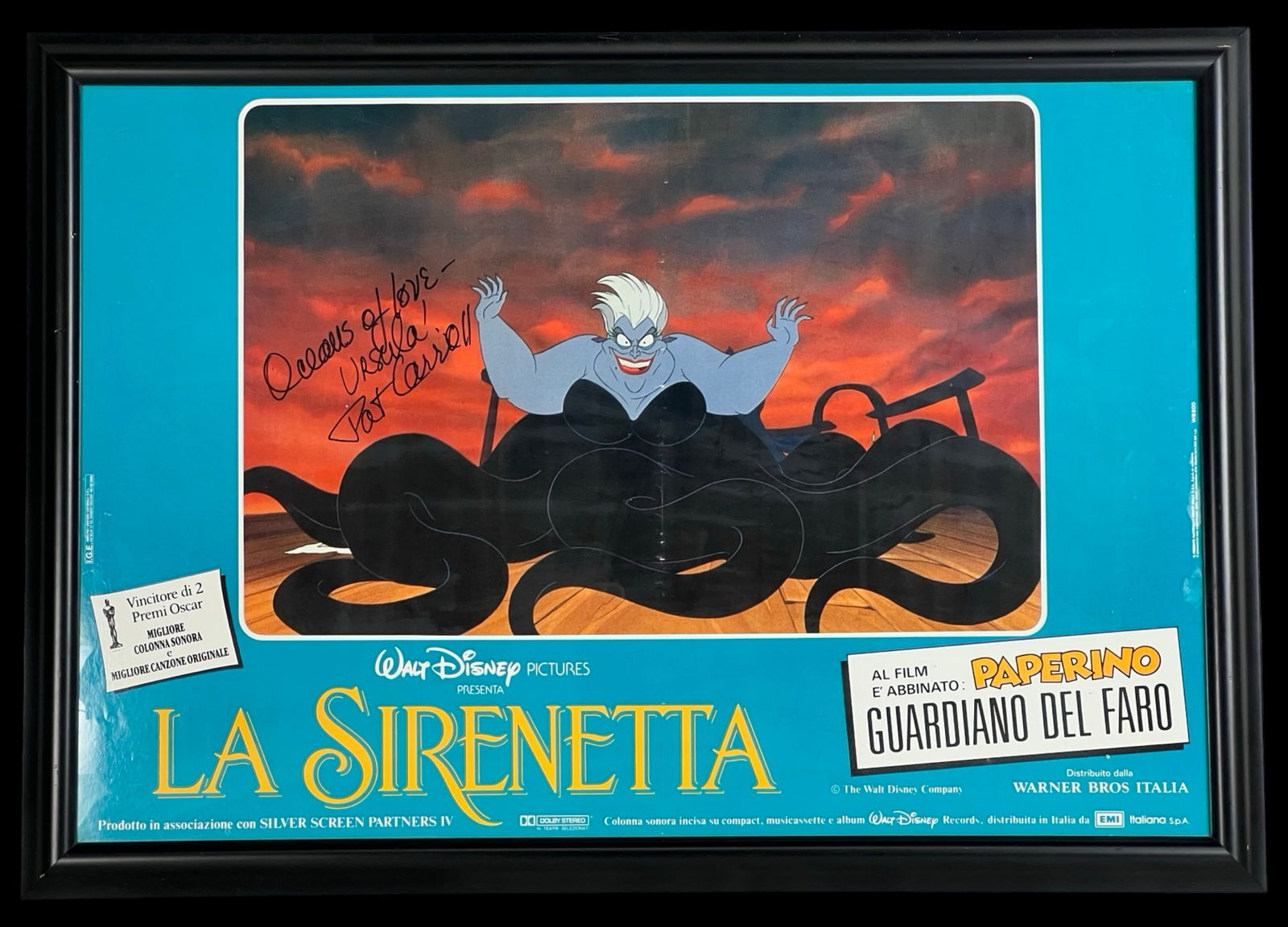 Pat Carroll Signed Little Memrmaid" Ursula Poster: Vintage Italian theatrical poster for Disney's The Little Mermaid (La Sirenetta), featuring the villainess Ursula in a dramatic moment aboard the ship. Boldly hand-signed by Pat Carroll, voice of Ursu
