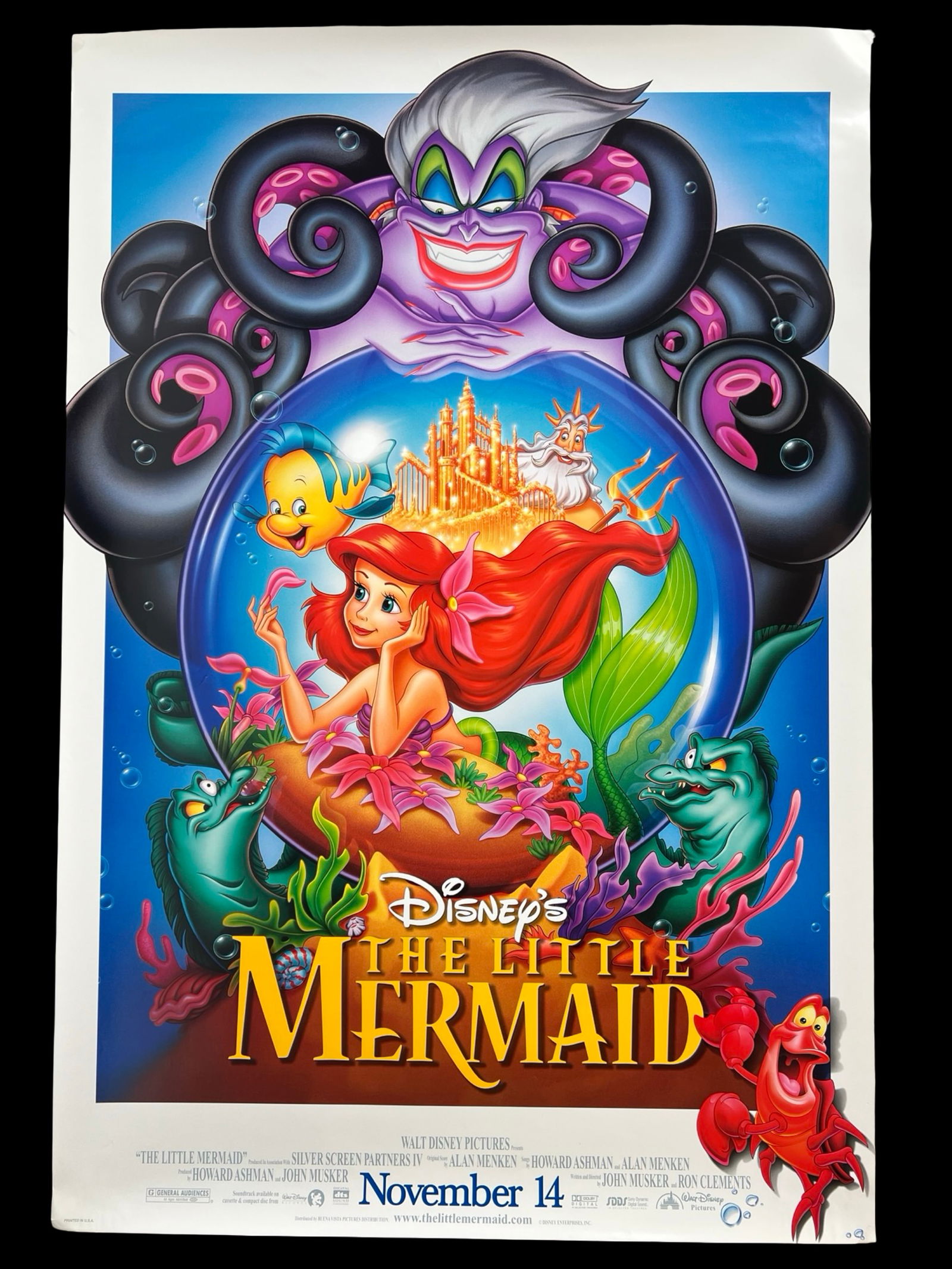 Disney's The Little Mermaid Theatrical Poster: Vibrant original theatrical poster for Walt Disney's The Little Mermaid, featuring Ariel, Flounder, Sebastian, King Triton, and the menacing sea witch Ursula in a colorful underwater composition. This