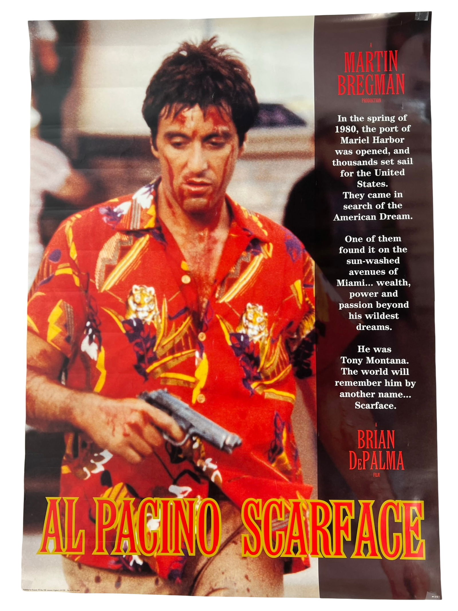 Al Pacino "Scarface" Poster - Pyramid UK Edition: Striking vintage poster featuring Al Pacino in his iconic role as Tony Montana from Scarface, directed by Brian De Palma. Published by Pyramid in Leicester, England, this UK release showcases a vivid
