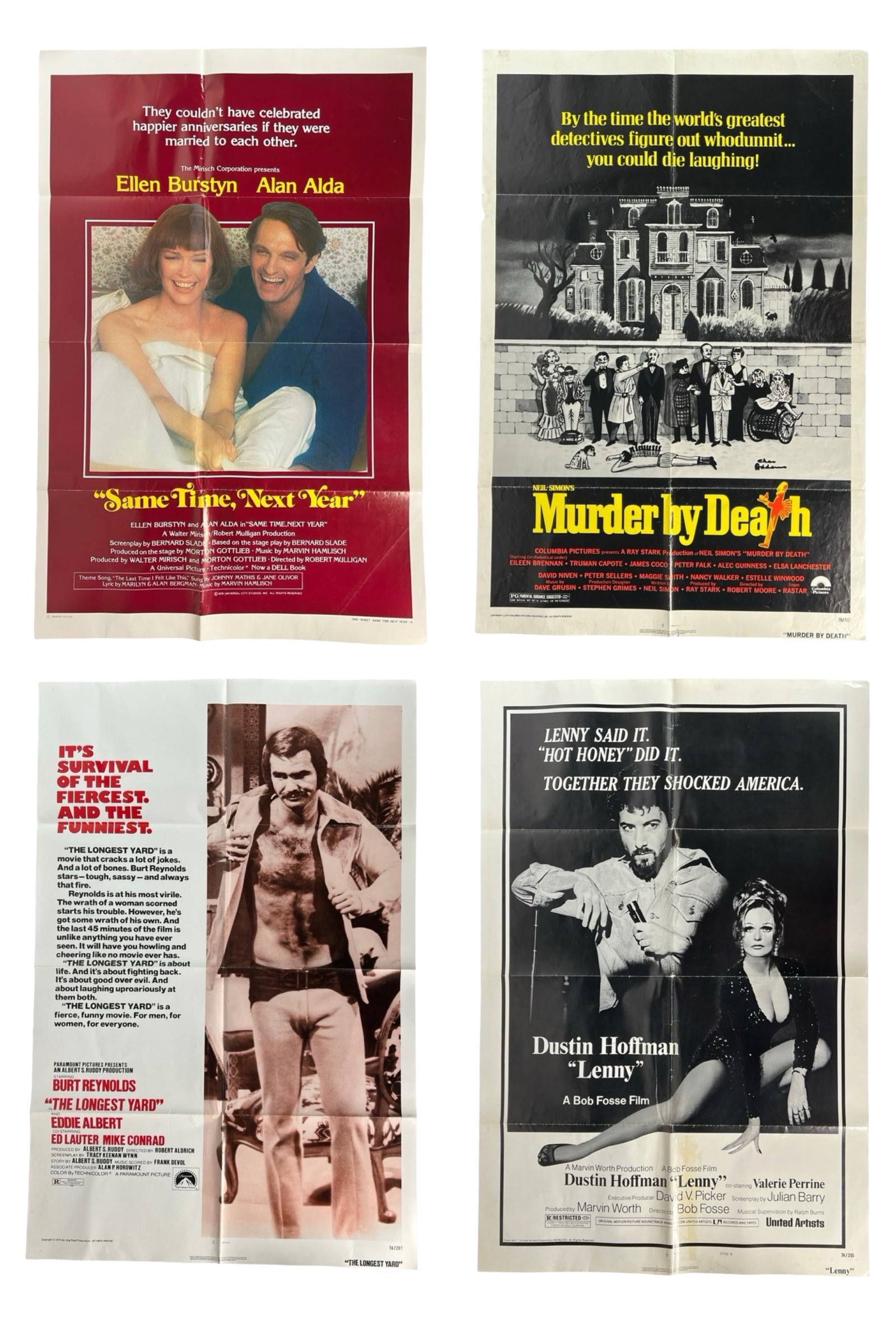 Four Vintage Movie Posters Hoffman, Alda, Reynolds: Set of four original one-sheet movie posters from classic 1970s films, each measuring approximately 41" x 27". Includes Same Time, Next Year (1978) starring Ellen Burstyn and Alan Alda; Neil Simon's M