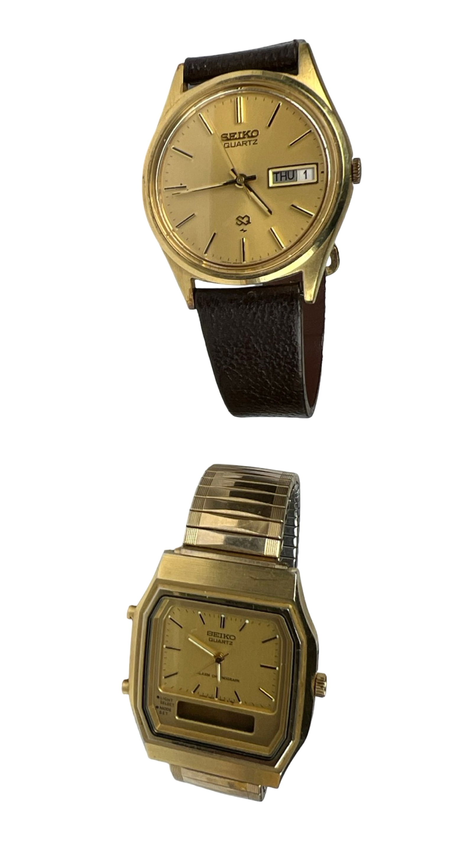 Two Vintage Seiko Gold Tone Wrist Watches: Two Vintage Seiko Gold Tone Wrist Watches- Seiko H601-5219 Watch and Seiko SQ Watch. Both are in good overall condition, normal age related wear, Untested w/o battery