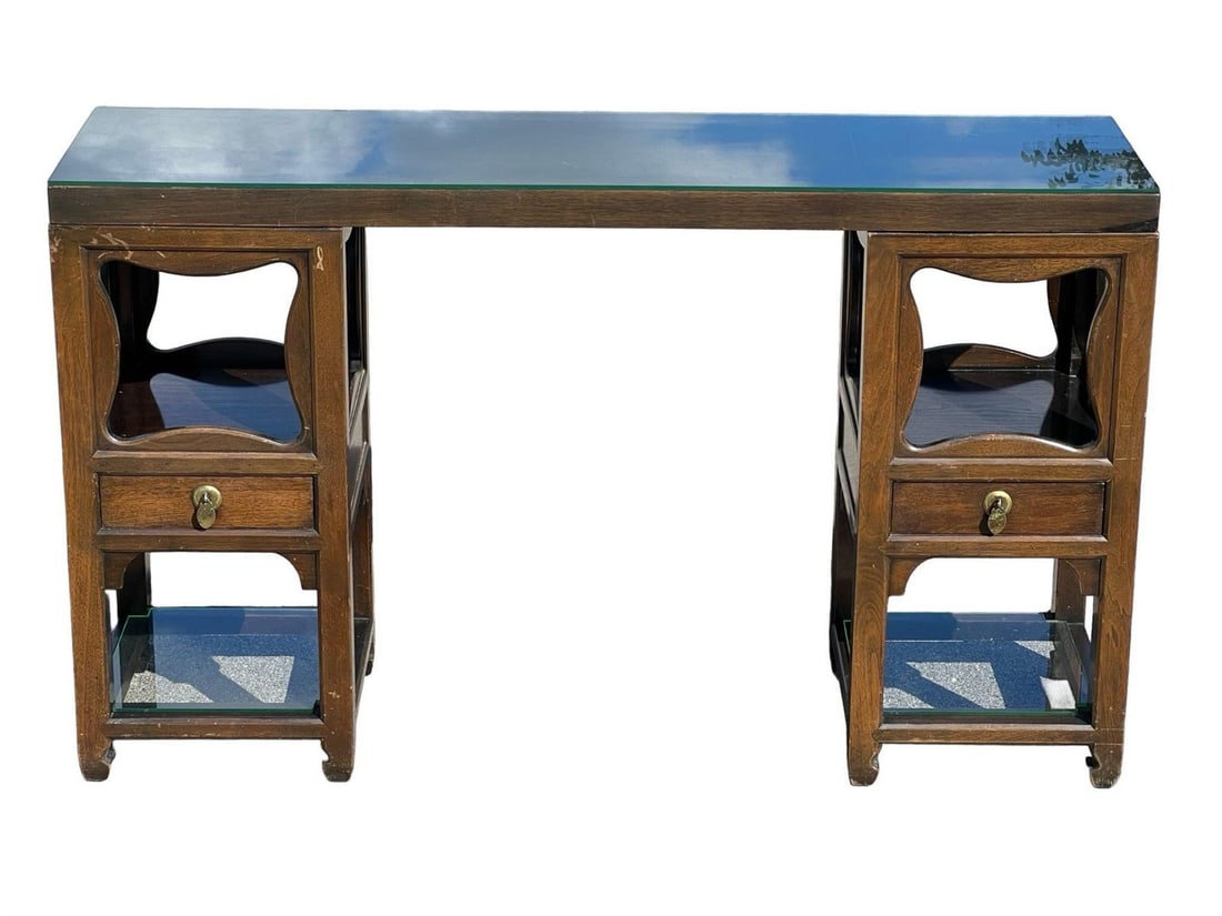 Michael Taylor for Baker Mahogany Console Table: Elegant console table from the renowned "Far East Collection" by Michael Taylor for Baker Furniture. Crafted from solid walnut-stained mahogany, this piece features a striking minimalist form with scu