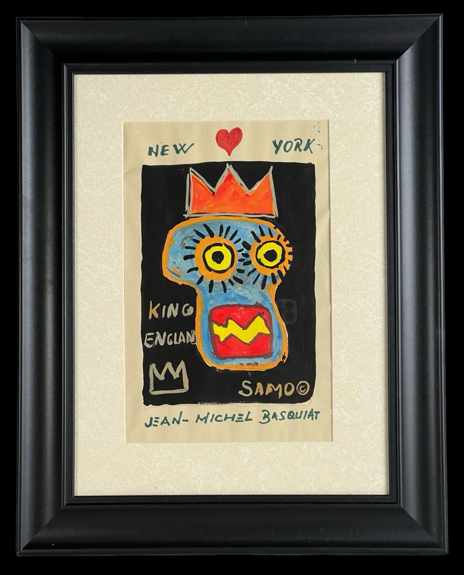Jean-Michel Basquiat (Manner)- Pop Art Drawing: Vibrant and raw mixed media on paper, this expressive Pop Art composition is executed in the bold, energetic style associated with Jean-Michel Basquiat. Rendered with stark outlines, vivid primary col