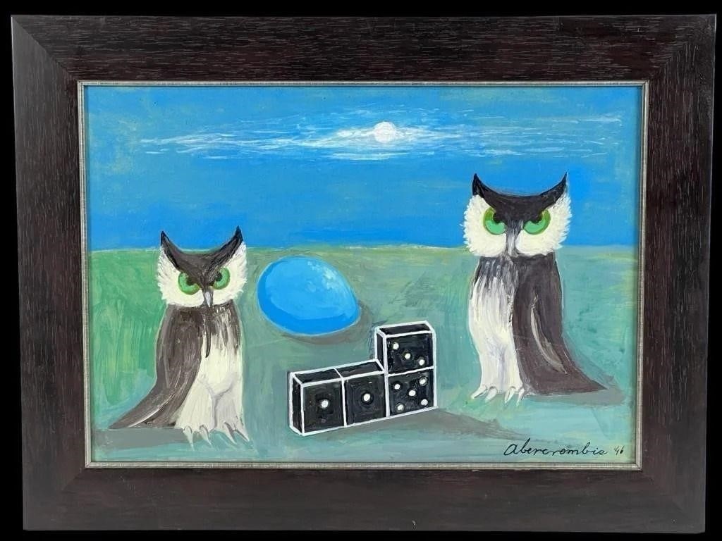 Gertrude Abercrombie (Attrib)- Surrealist Painting: This evocative surrealist oil painting on board, signed "Abercrombie" and dated '46 at the lower right, features two owls with vivid green eyes set against a dreamlike background. A glowing blue orb a