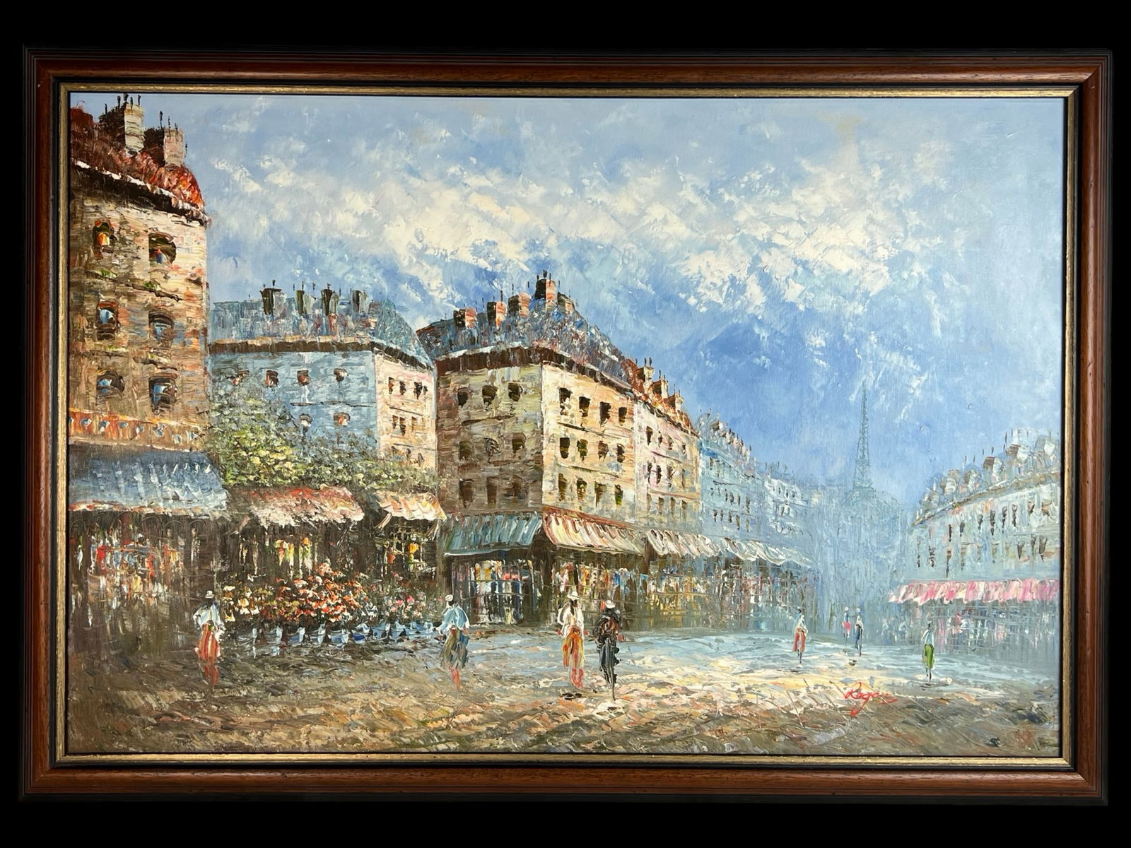 Henri Rogers - Parisian Street Scene Oil Painting: Charming and atmospheric Parisian street scene by French artist Henri Rogers, rendered in rich, expressive strokes with a palette knife technique. The composition depicts a lively cobblestone plaza fl