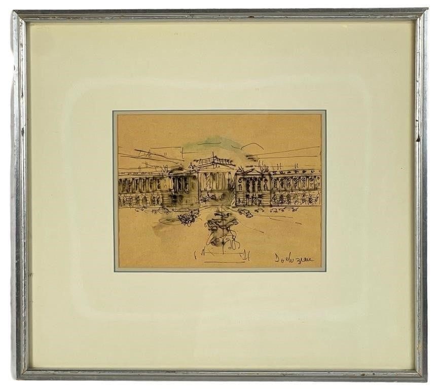 Palais Bourbon-early 20th C. French Ink Drawing: Elegant ink and wash drawing of the Palais Bourbon in Paris, capturing the neoclassical façade and bustling foreground in expressive, gestural lines. The artist skillfully conveys architectural rhyth