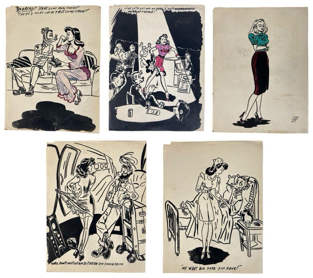 Five Original 1940s Cartoon Pin-Up Ink Drawings (1 of 7)
