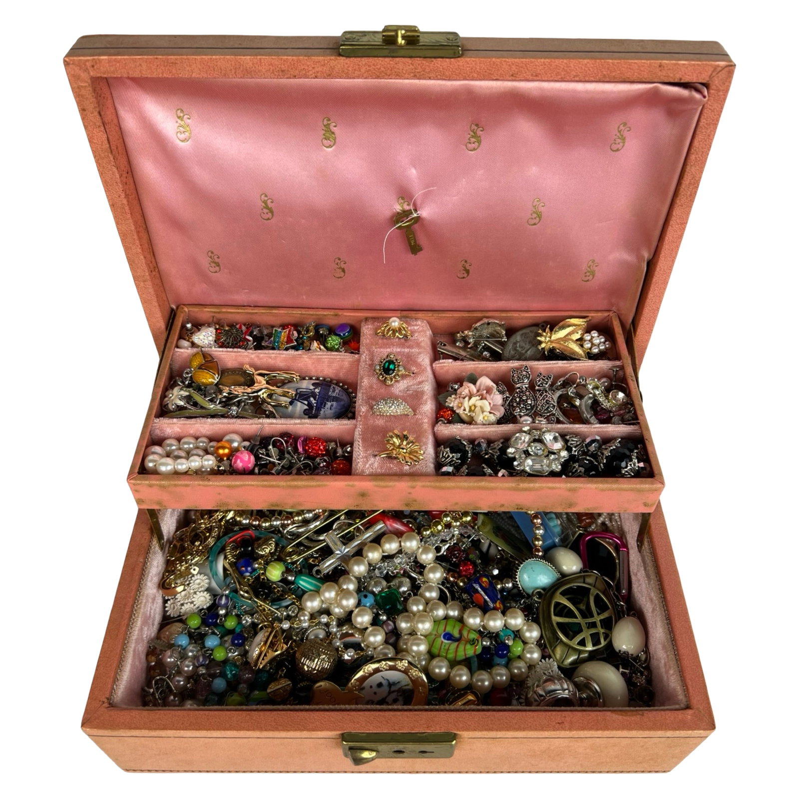 Vintage Jewelry Box Filled with Unsearched Jewelry: A charming vintage jewelry box featuring multiple compartments lined in rich red velvet, brimming with a variety of unsearched jewelry. This treasure trove includes an assortment of necklaces, earring