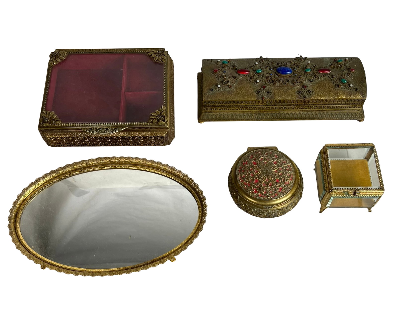 Antique & Vintage Jewelry / Vanity Table Boxes & T: Charming group of ornate jewelry and vanity table pieces, including five decorative boxes and a footed mirror tray. Highlights include a filigree and cabochon-studded domed box, an etched floral round
