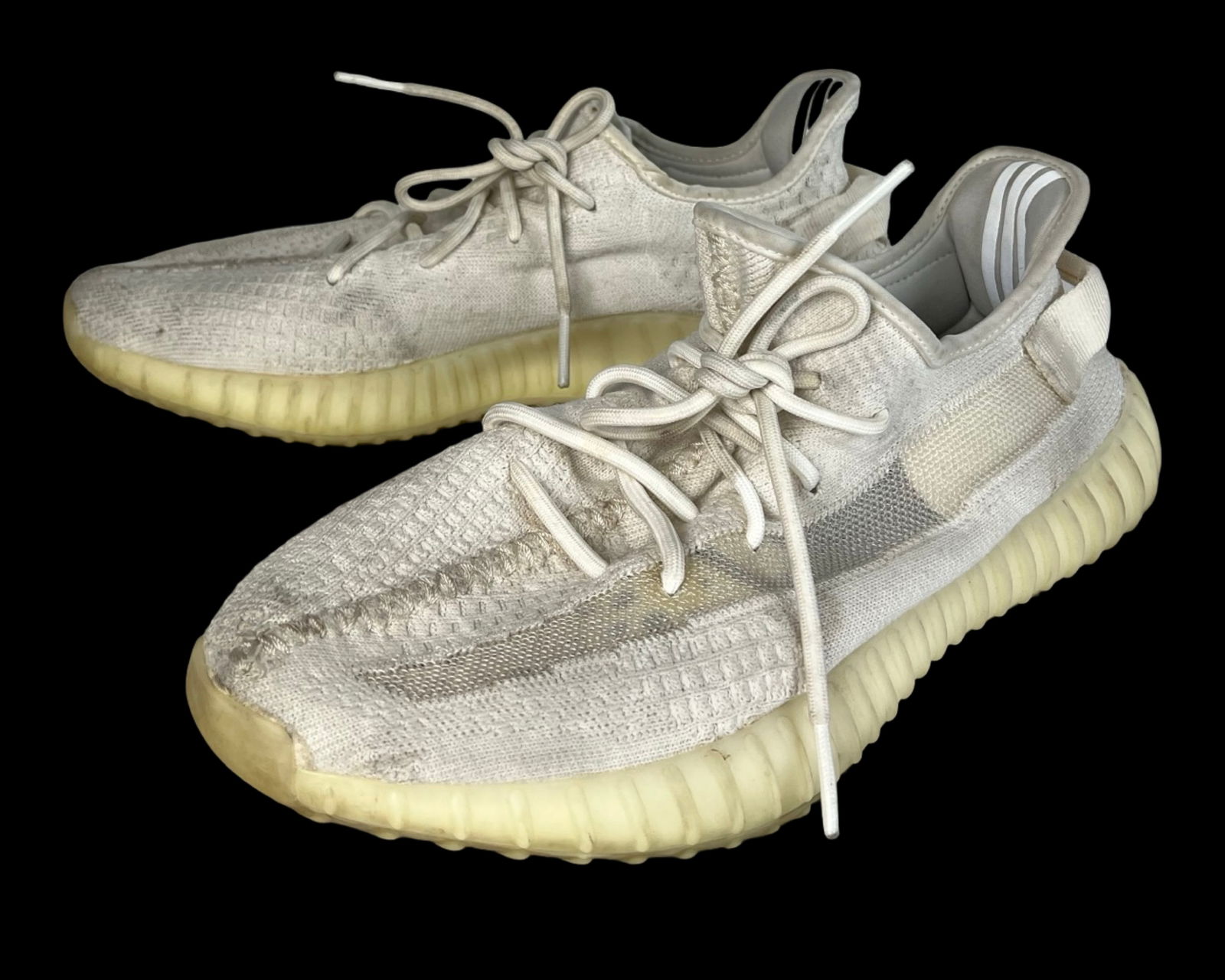 Adidas Yeezy Boost 350 V2 "Static" Sneakers Sz12: Pair of Adidas Yeezy Boost 350 V2 "Static" sneakers in off-white and translucent tones. Featuring the signature Primeknit upper with semi-transparent mesh side stripe, Boost cushioning for premium com