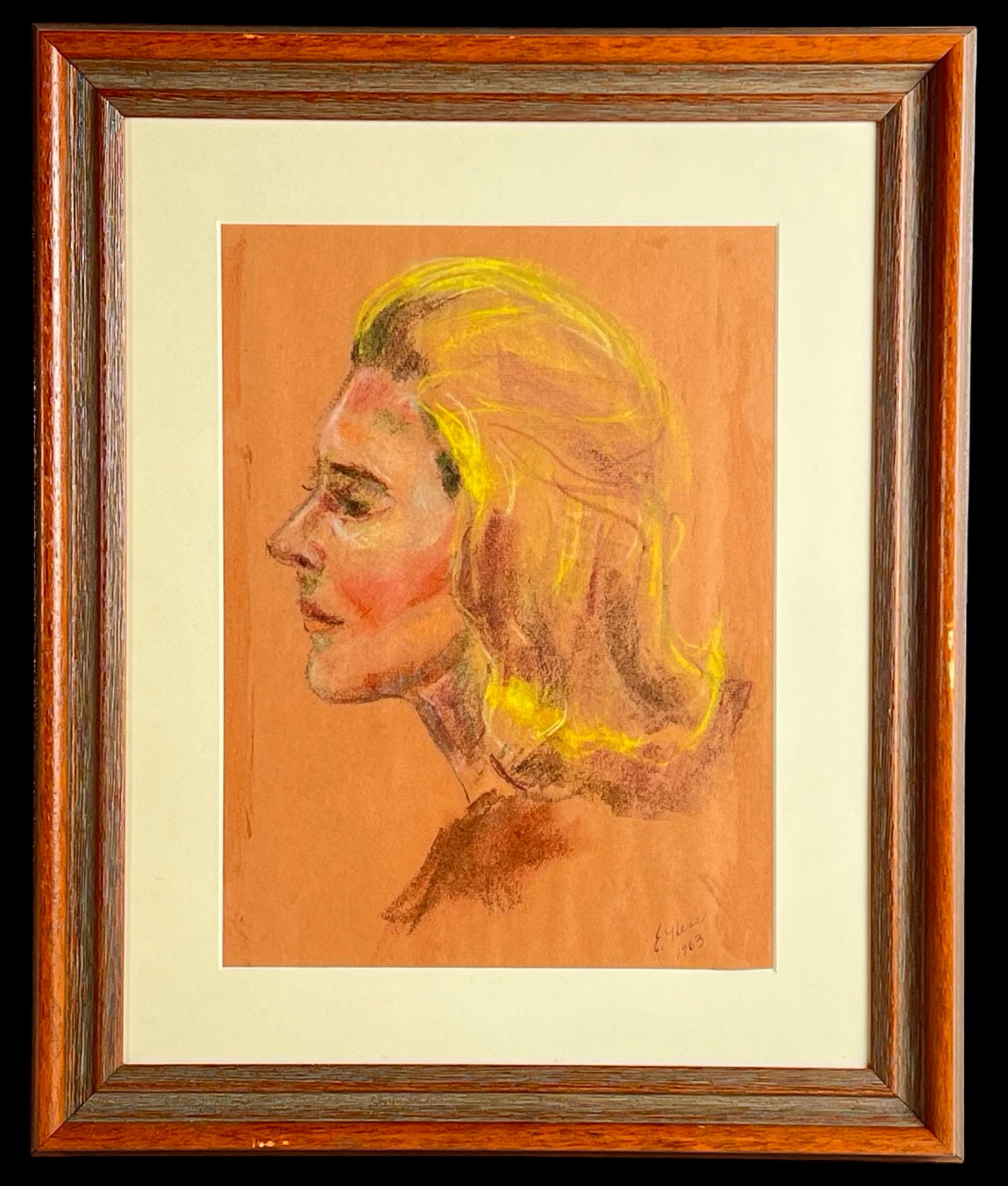 Mid-Century Pastel Portrait of a Woman by E. Hess: Elegant and expressive pastel portrait of a woman in profile, rendered in warm tones with delicate highlights of yellow in the hair. Signed E. Hess and dated 1963 in the lower right corner. Executed o