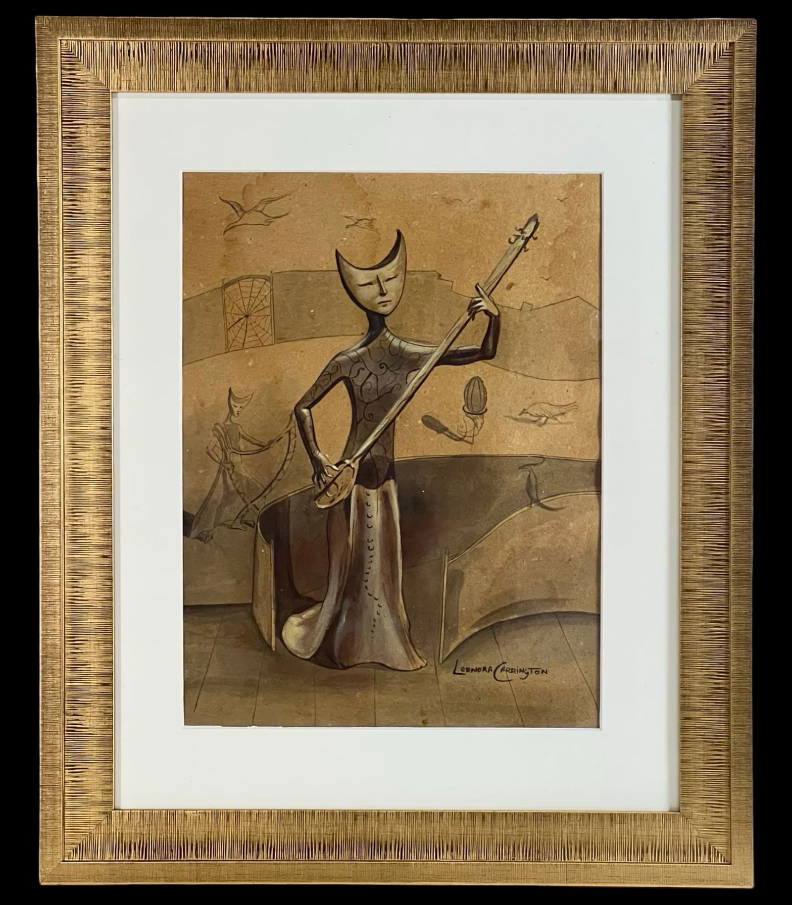 Leonora Carrington (Attrib) - Surrealist Painting: Atmospheric and enigmatic, this surrealist composition features a moon-faced figure in a dreamlike theater-like setting, holding an elongated string instrument. The central character stands on a raise