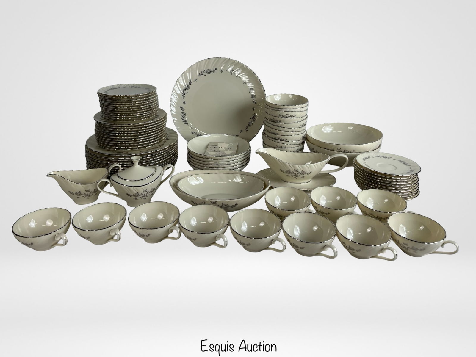 Lenox "Rosemont" Fine China Dinnerware Set- New: Elegant Lenox "Rosemont" fine china dinnerware set comprising 82 pristine pieces, featuring a delicate gray floral motif with silver trim. This timeless service includes 11 dinner plates (10 1/4" dia)