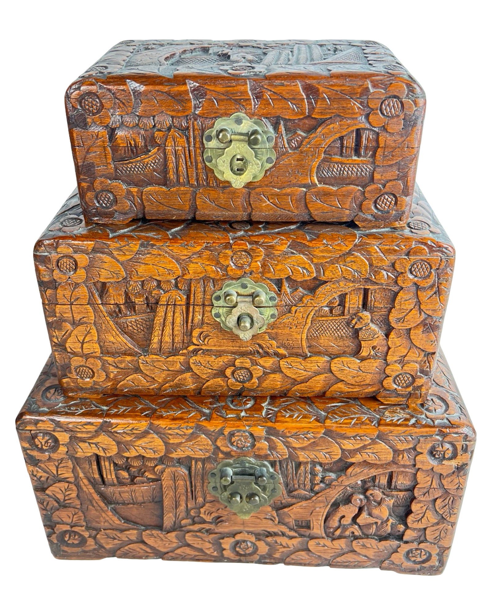 Chinese Hand-Carved Camphor Wood Boxes with Locks (1 of 4)