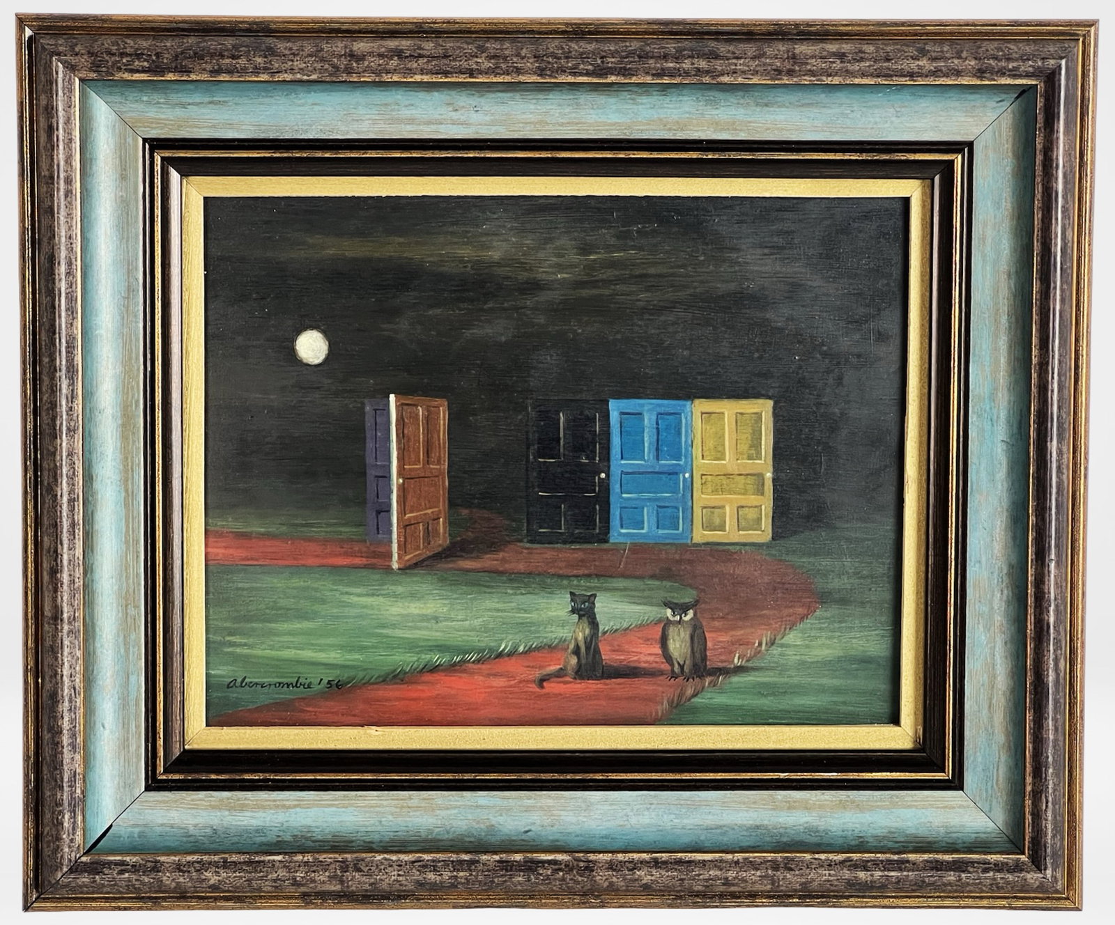 Gertrude Abercrombie (Attrib)- Surrealist Painting: Mysterious and evocative, this surrealist painting attributed to Gertrude Abercrombie captures a nocturnal dreamscape where five colorful doors-each closed except one-float impossibly along a winding
