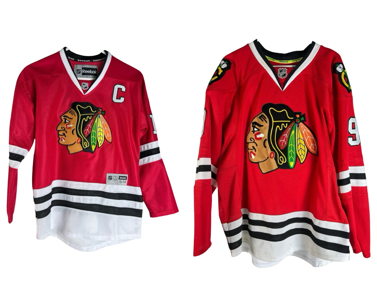 Chicago Blackhawks NHL Reebok Jerseys: Matching set of two official Chicago Blackhawks Reebok hockey jerseys. One adult-sized jersey (Size 52) features "HULL 9" on the back with iconic Indian head crest, shoulder patches, and authentic NHL