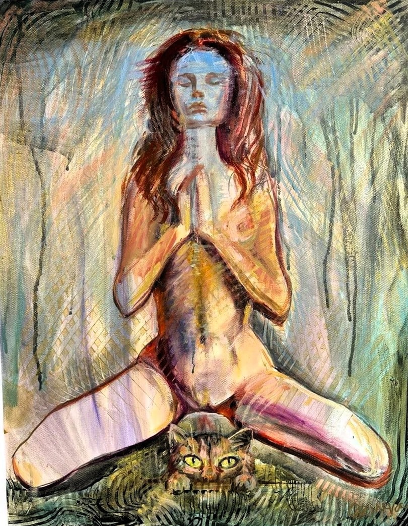Oksana Grineva Erotic Contemporary Painting w/ Cat: Striking and evocative original oil painting on canvas by contemporary Ukrainian-American artist Oksana Grineva. The composition features a nude female figure kneeling in a meditative pose, hands pres