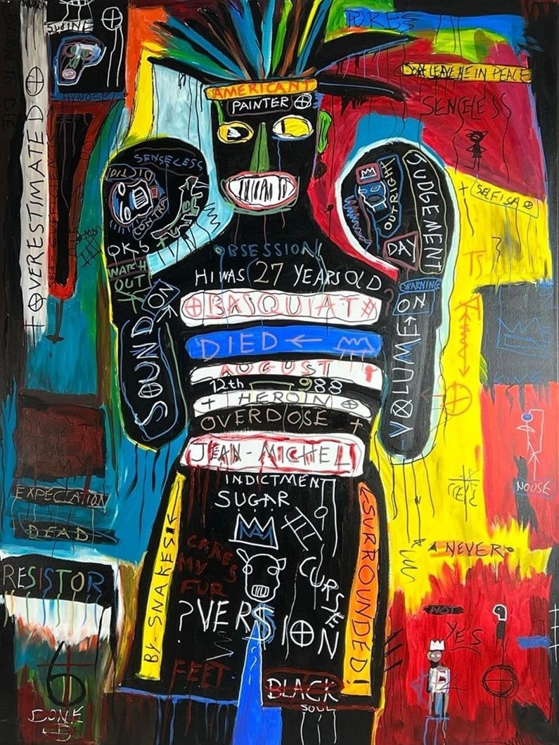 Jean-Michel Basquiat (manner) Neo-Expressionist Ar: Powerful and evocative acrylic on canvas painted in the unmistakable Neo-Expressionist style inspired by Jean-Michel Basquiat. The work bursts with frenetic energy-featuring bold color blocks, skeleta
