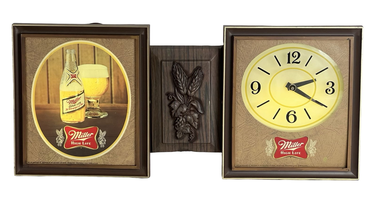 Vintage Miller High Life Beer Lighted Wall Clock: Classic two-panel electric advertising wall clock for Miller High Life - The Champagne of Beers. The left panel features a vintage image of a Miller bottle and filled glass, while the right panel disp