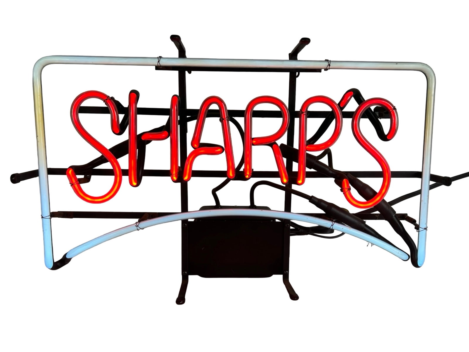 Vintage Sharp's Neon Beer Advertising Bar Sign: Vibrant vintage neon advertising sign for Sharp's, featuring bright red lettering outlined by a curved white accent tube. The sign glows beautifully when illuminated, making it an eye-catching display