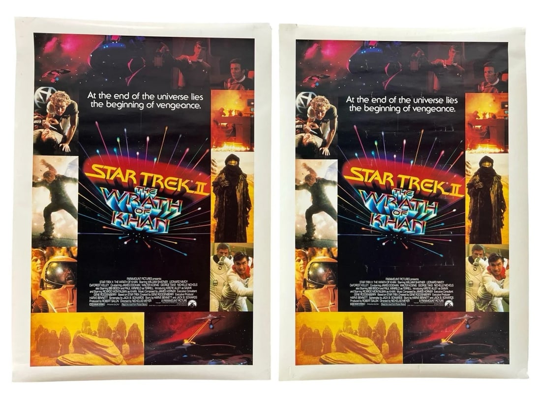 2 Star Trek II: The Wrath of Khan Posters (1982): Original 1982 promotional posters for Star Trek II: The Wrath of Khan, directed by Nicholas Meyer and starring William Shatner, Leonard Nimoy, and Ricardo Montalbán as Khan. Features the dynamic coll