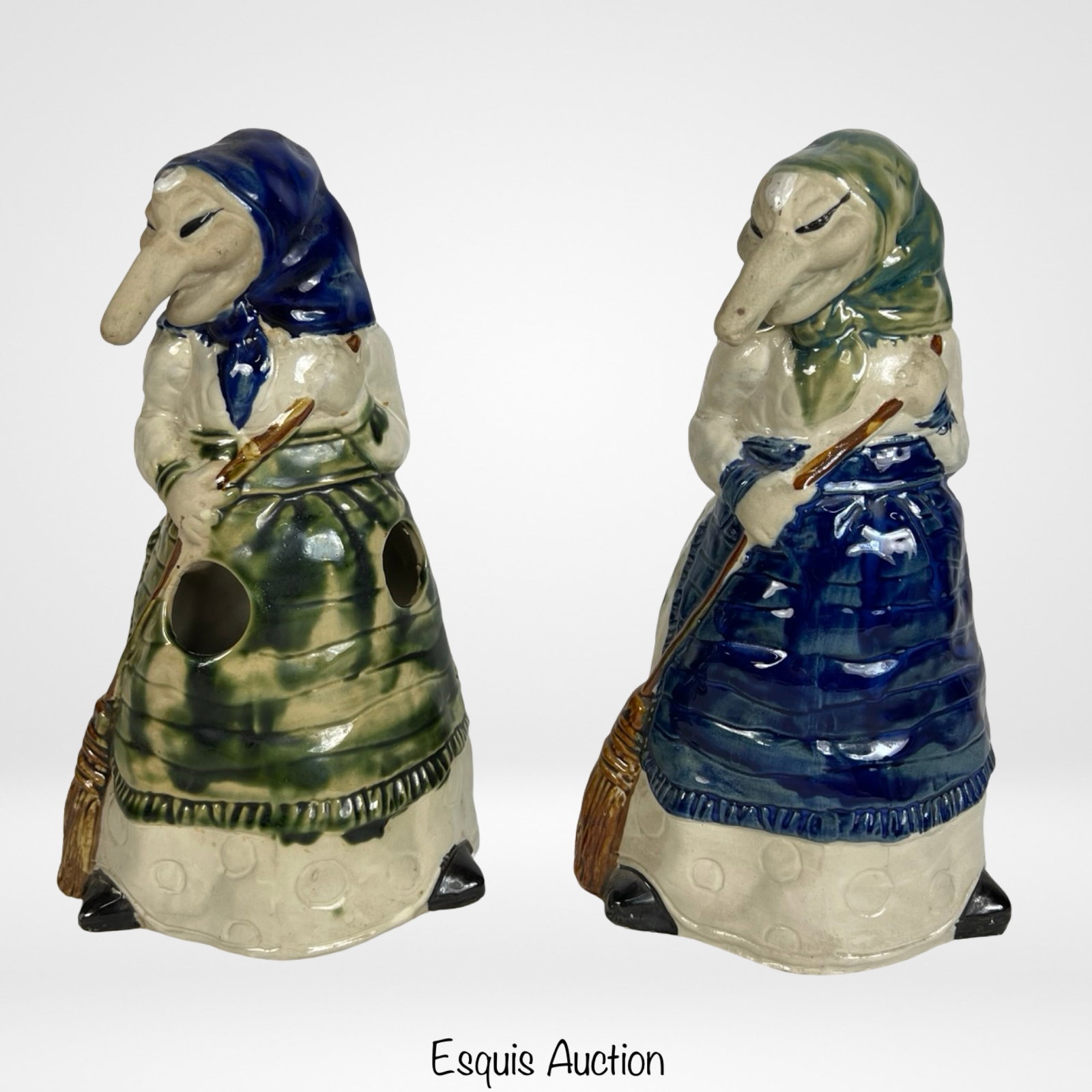 RJ Drinkwater Pottery "Baba Yaga" Kitchen Witch: Charming 1980s hand-crafted earthenware kitchen witch figures by RJ Drinkwater, inspired by Slavic folklore's Baba Yaga. Each whimsical witch features a hand-painted glaze with expressive detailing, h