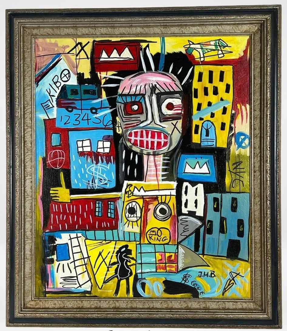 Jean-Michel Basquiat (manner)- Pop-Art Painting: Vivid and bold oil painting rendered in the distinctive Neo-Expressionist style of Jean-Michel Basquiat, featuring primitive crown motifs, a central skeletal head, and raw graffiti-inspired iconograph