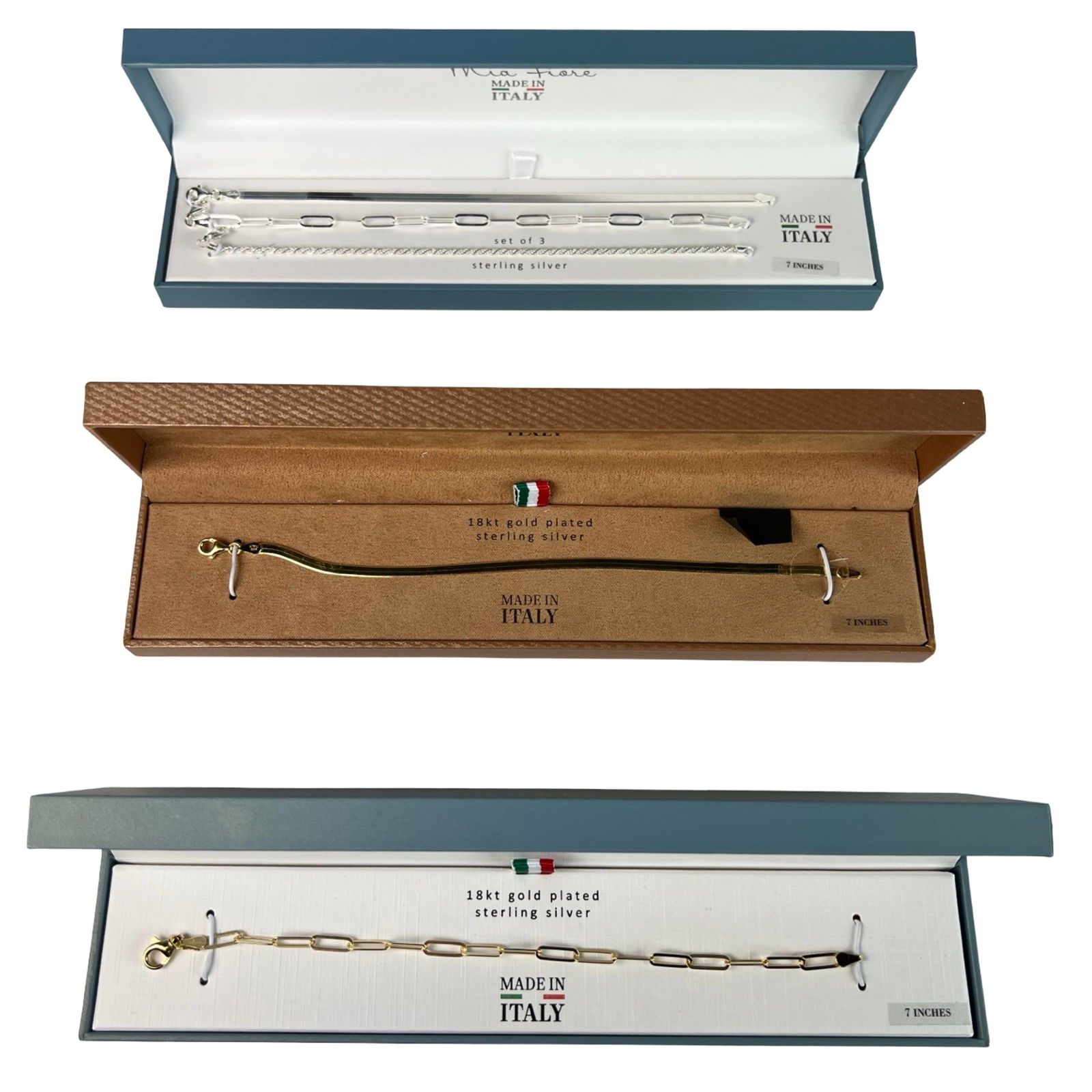 Italian Sterling Silver & Gold Plated Bracelets: Includes a boxed set of 3 sterling silver chain link bracelets by Mia Fiore (7"), and two individual 18kt gold plated sterling silver bracelets (7"), all Made in Italy. Unworn and presented in origina