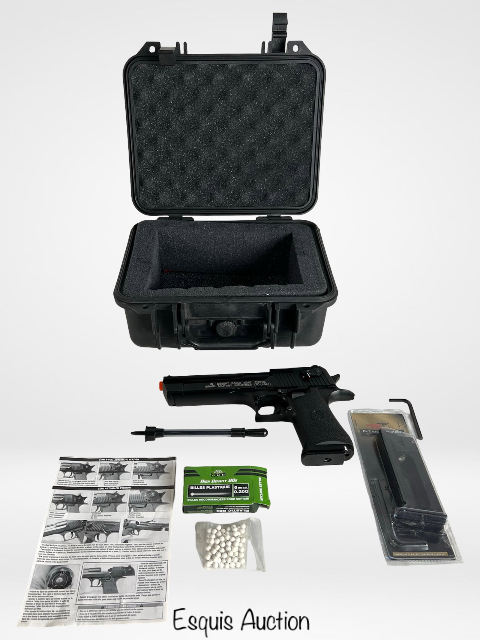 Desert Eagle Airsoft Pistol Gun Kit by Cybergun: Desert Eagle .50AE 6mm airsoft pistol by Cybergun, made under license from Israel Military Industries (I.M.I.). Includes hard protective case, CO2 magazine (21 BB capacity), second magazine, instructi