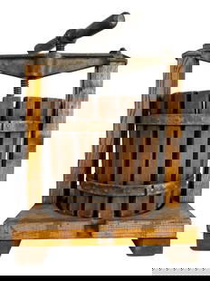 Vintage Wooden Fruit or Wine Press: Rustic vintage tabletop press featuring an oak wood slatted barrel framed in sturdy iron and wood. The central iron screw and handle mechanism remain fully intact, and the piece has beautiful aged