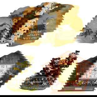 Rustic Cabin Decor- Bear Welcome Sign, Wildlife Cl: Whimsical and warmly rustic cabin décor group featuring three charming pieces. The handmade wooden wall plaque showcases a black bear climbing a birch tree with the playful message "YOU'RE BEARY