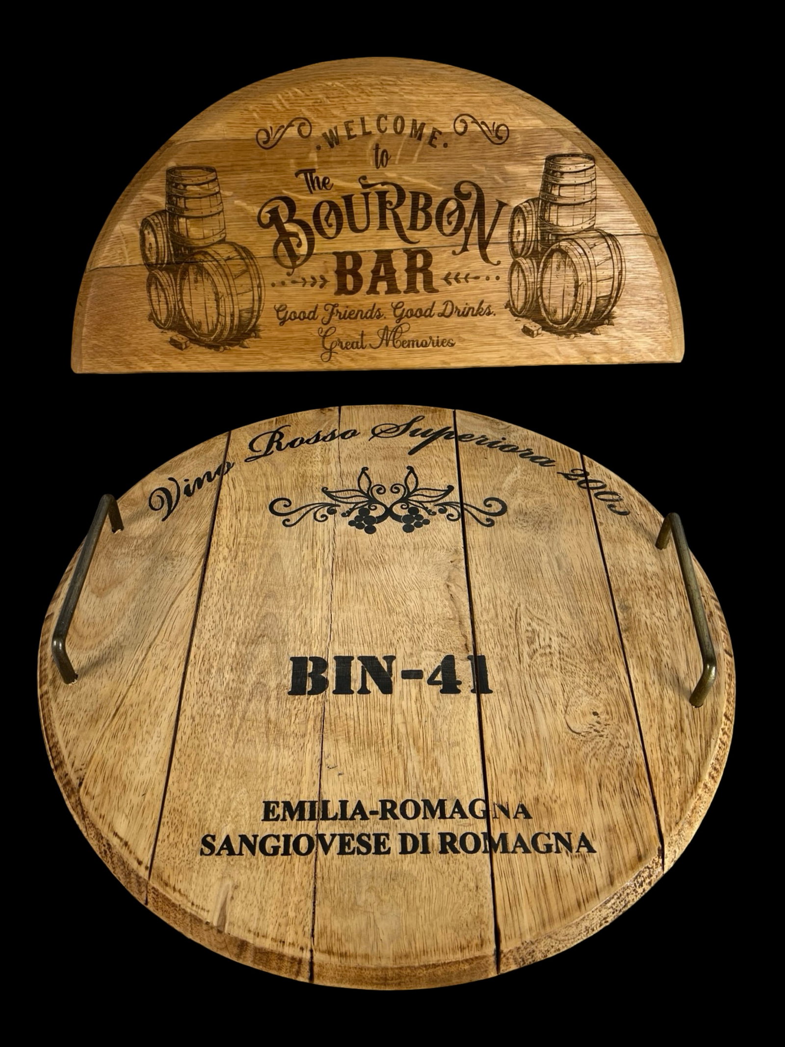 Rustic Wine Barrel Sign & Bourbon Bar Serving Tray: Duo of rustic wine and bourbon-themed wood barrel decor pieces. The circular serving tray features bold black lettering reading "BIN-41, Emilia-Romagna Sangiovese di Romagna" and "Vino Rosso Superiore