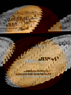 Rustic Wine Barrel Sign & Bourbon Bar Serving Tray: Duo of rustic wine and bourbon-themed wood barrel decor pieces. The circular serving tray features bold black lettering reading "BIN-41, Emilia-Romagna Sangiovese di Romagna" and "Vino Rosso