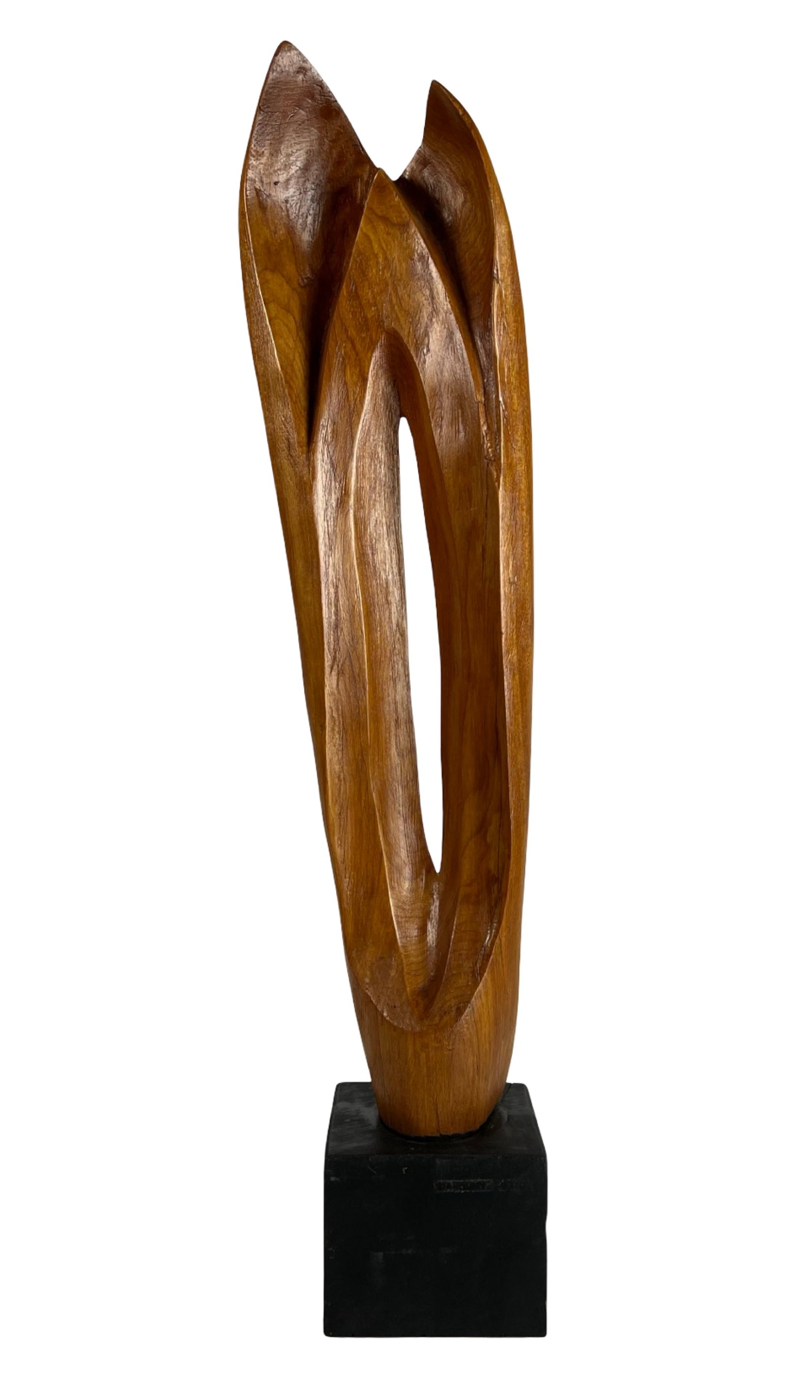 C.Johnson HandCarved Abstract Wood Sculpture: This striking sculpture-standing approximately 27 inches tall-is a handcarved wood piece signed on the verso by "C.Johnson." The abstract form features elegantly carved, flowing contours with an open 