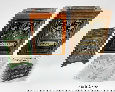 US Post Office Lockbox Banks: Collection of three coin banks, including two handcrafted banks made using original U.S. postal lockbox doors. Both lockbox banks are mounted on wood bases and feature authentic double-dial