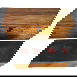 Wooden Keepsake Boxes - Handcrafted Storage Trunks: Pair of handcrafted wooden trunks featuring distinct rustic charm and practical storage. The larger trunk measures approximately 24" x 9" x 9" and is constructed from richly grained hardwood,