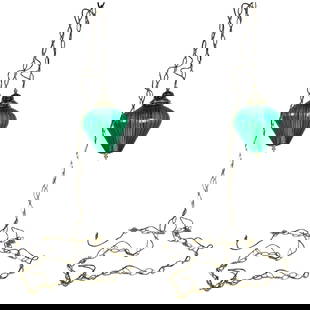 1960s Green Glass Melon-Shaped Light Pendants: Striking mid-century pair of hanging pendant lights with ribbed green glass in a classic melon shape. Each fixture features brass-toned metal hardware and a long decorative chain for suspension.